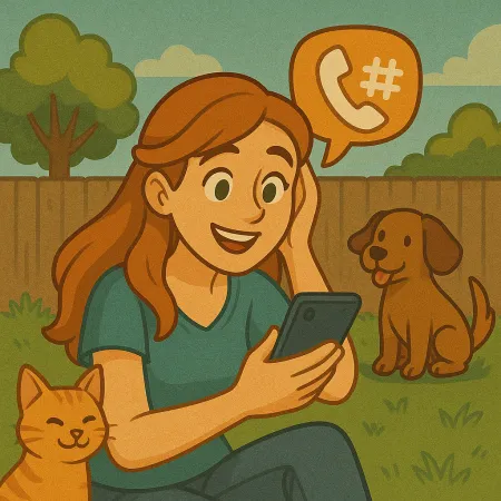 Žena s rudými vlasy sedící na trávě v zahradě, usmívající se a dívající se na svůj smartphone. Oranžová kočka se k ní tulí a hnědý pes sedí poblíž. Nad ní plave bublina s ikonou telefonu a mřížkou, což naznačuje telefonní rozhovor.