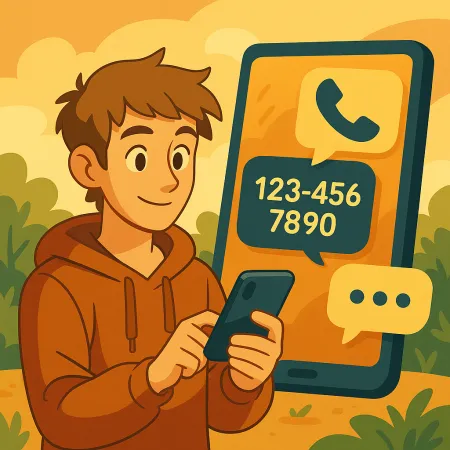 Usměvavý mladý muž v mikině s kapucí používající svůj smartphone, s velkým telefonním displejem v pozadí, který zobrazuje ikonu hovoru a fiktivní telefonní číslo (123-456-7890), v stylovém a útulném venkovním prostředí