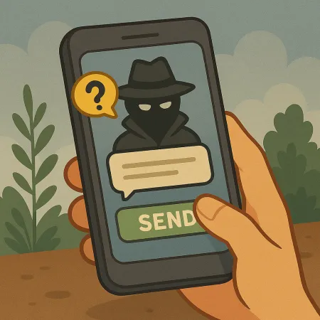 Ruka držící smartphone, na kterém je zobrazená postava v masce s pláštěm a kloboukem, představující anonymního odesílatele. Viditelná bublina s otazníkem a zelené tlačítko označené 'ODESLAT', naznačující odeslání anonymní zprávy