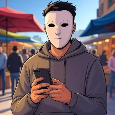 Mladý muž v animovaném stylu, nosící bílou masku a šedou mikinu s kapucí, se dívá na svůj telefon na venkovním trhu.