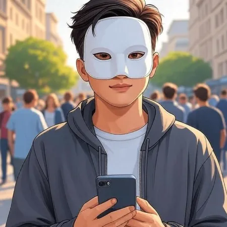 Mladý muž v animovaném stylu s bílou maskou a šedou mikinou, dívá se do kamery a drží smartphone v ruce na rušné ulici.
