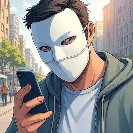 Muž v bílém masce a mikině se dívá na svůj mobilní telefon na ulici ve městě. Obrázek je vytvořen ve stylu kresleného filmu nebo komiksu.