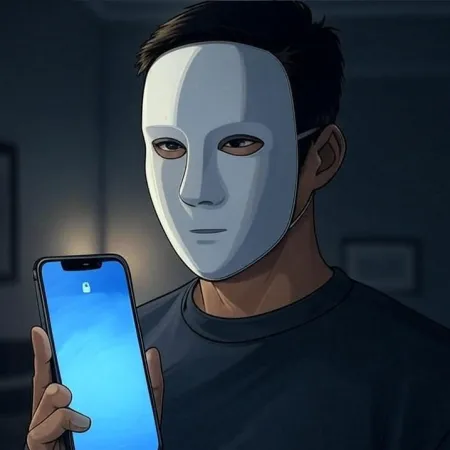 Osoba v bílé masce, která drží smartphone s rozsvícenou obrazovkou uzamčení.