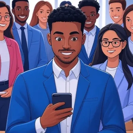 Ilustrace mladého usmívajícího se černošského muže, který se dívá na svůj smartphone, se svým týmem v pozadí.