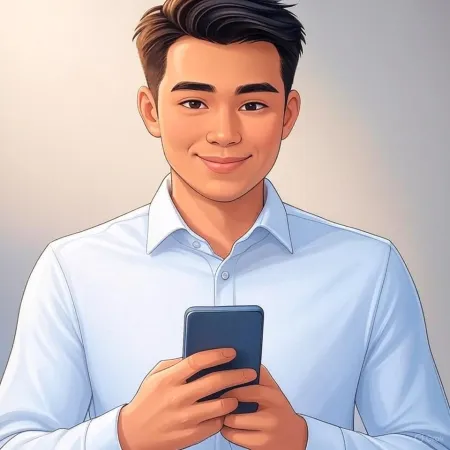 Ilustrace usmívajícího se obchodníka v modrém obleku, který drží smartphone.