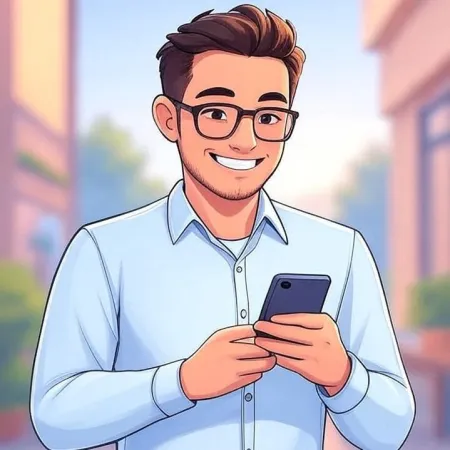 Usměvavý mladý muž s brýlemi a modrou košilí, dívající se na svůj smartphone.