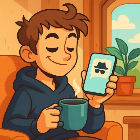 Ilustrace mladého muže s úsměvem, pohodlně sedícího s šálkem kávy, držícího smartphone s ikonou anonymní zprávy s kloboukem a slunečními brýlemi